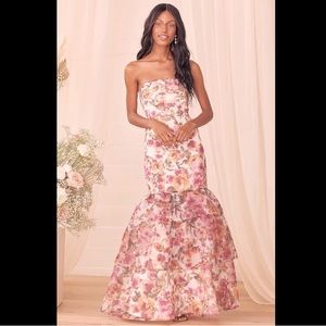 Lulu’s Fleur of Dreams Ivory Pink Floral Organza Maxi Dress